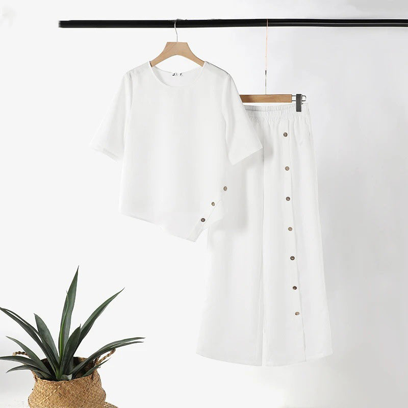 ⏳Zeitlich begrenztes Angebot⏰Zweiteiliges Set mit Oberteil mit unregelmäßigem Saum und Hose mit weitem Bein