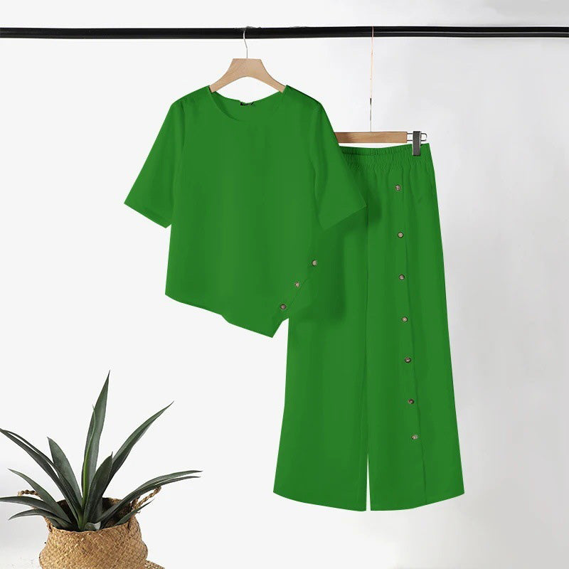 ⏳Zeitlich begrenztes Angebot⏰Zweiteiliges Set mit Oberteil mit unregelmäßigem Saum und Hose mit weitem Bein