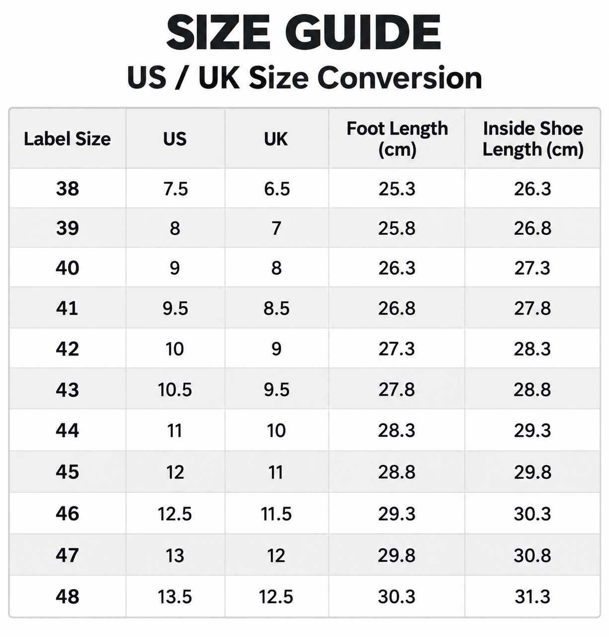 US UK size guide