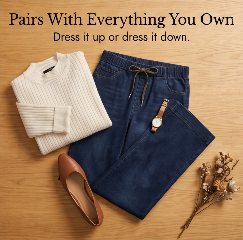 Drawstring Wide-Leg Comfort Jeans