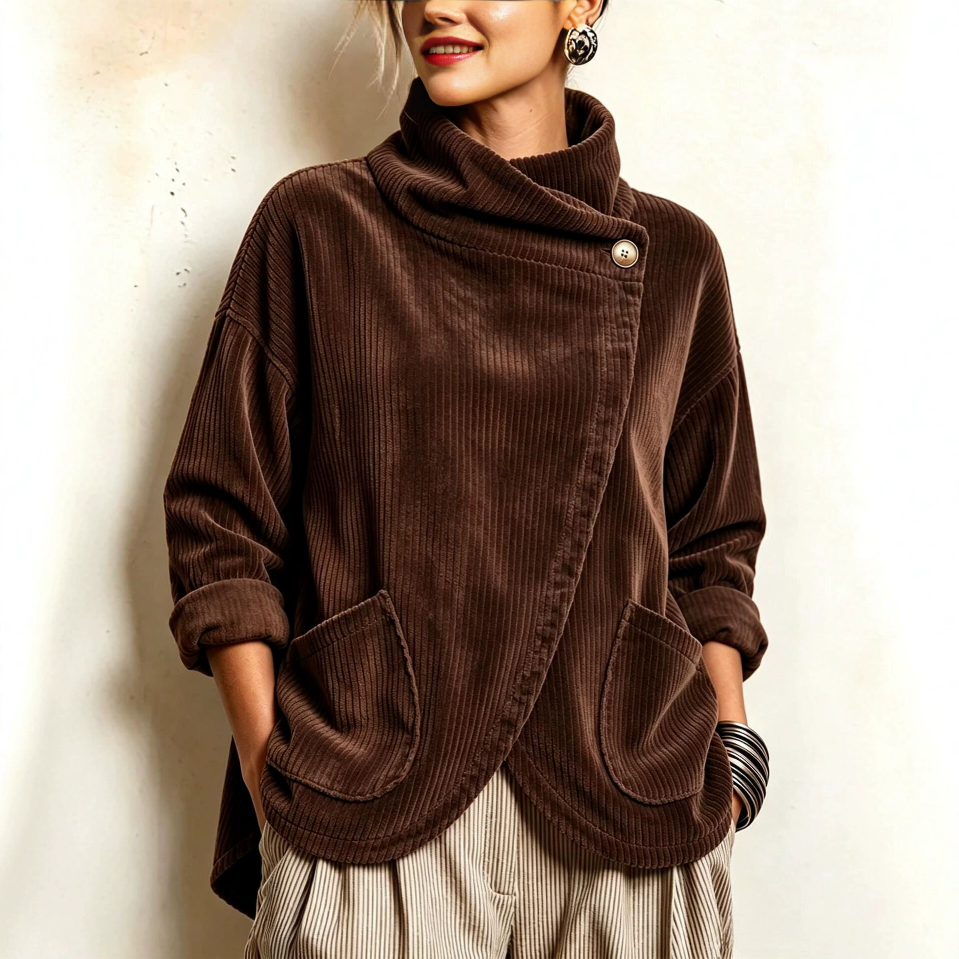 Cozy Asymmetric Button-Accented Corduroy Top