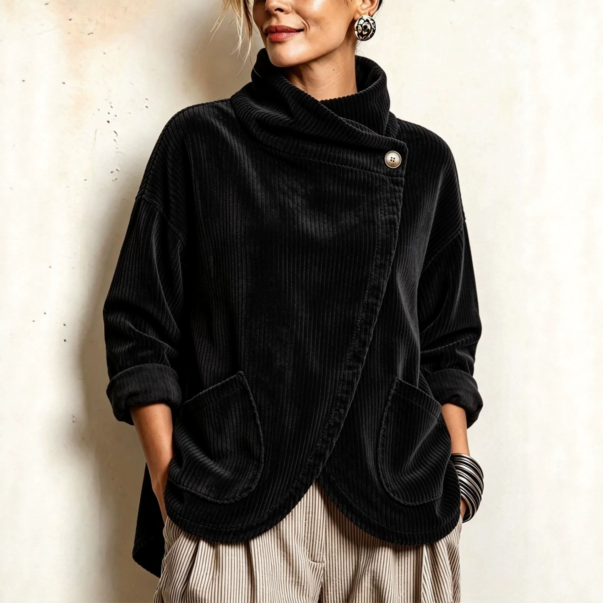 Cozy Asymmetric Button-Accented Corduroy Top