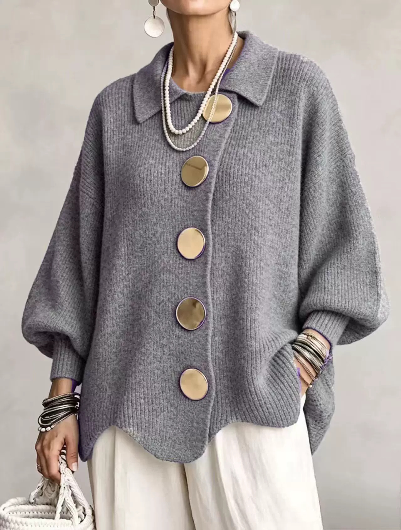 New Arrival🔥 Oversized Collared Knit Cardigan With Large Metal Buttons
