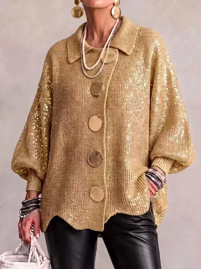 Gold Shimmer Cardigan Dressed-Up Evening Styling