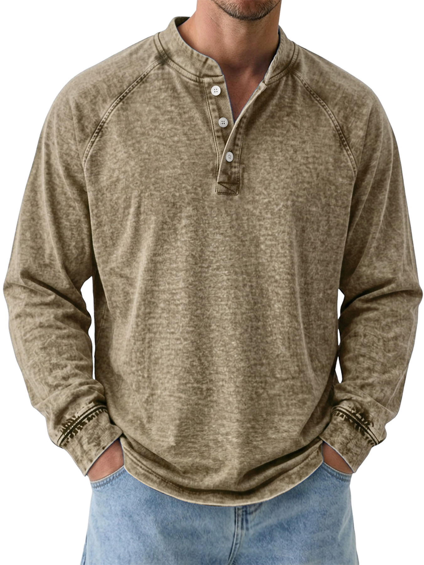 Khaki Henley Fabric Texture and Raglan Sleeves
