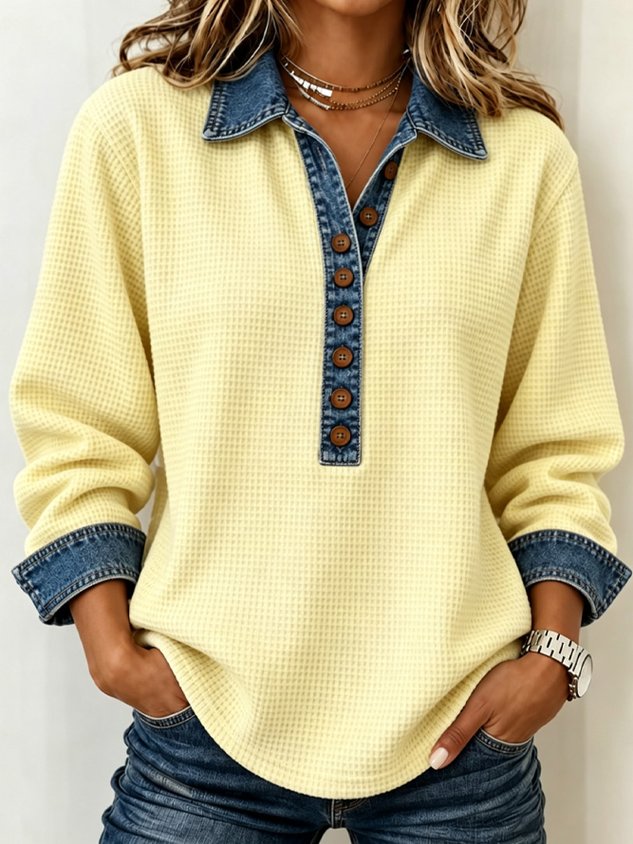 Women’s Waffle Knit Top with Denim Collar & Button Front