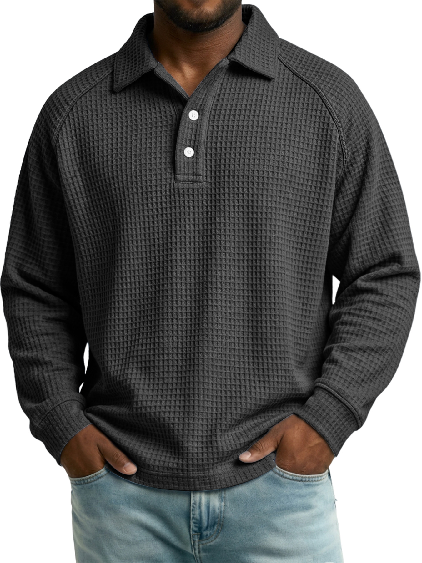 Men's Autumn Casual Waffle-Knit Long-Sleeve Polo Shirt with Raglan Sleeves