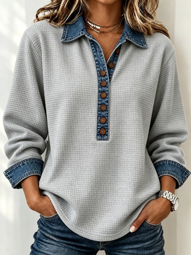 Women’s Waffle Knit Top with Denim Collar & Button Front