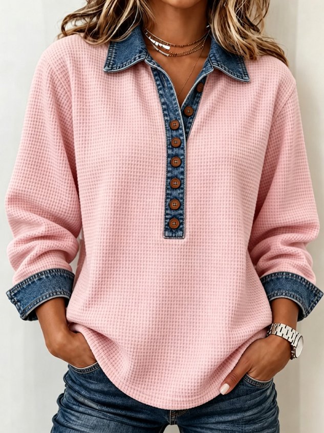 Women’s Waffle Knit Top with Denim Collar & Button Front