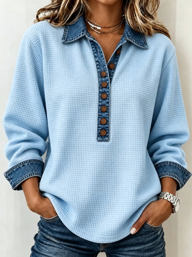 Women’s Waffle Knit Top with Denim Collar & Button Front