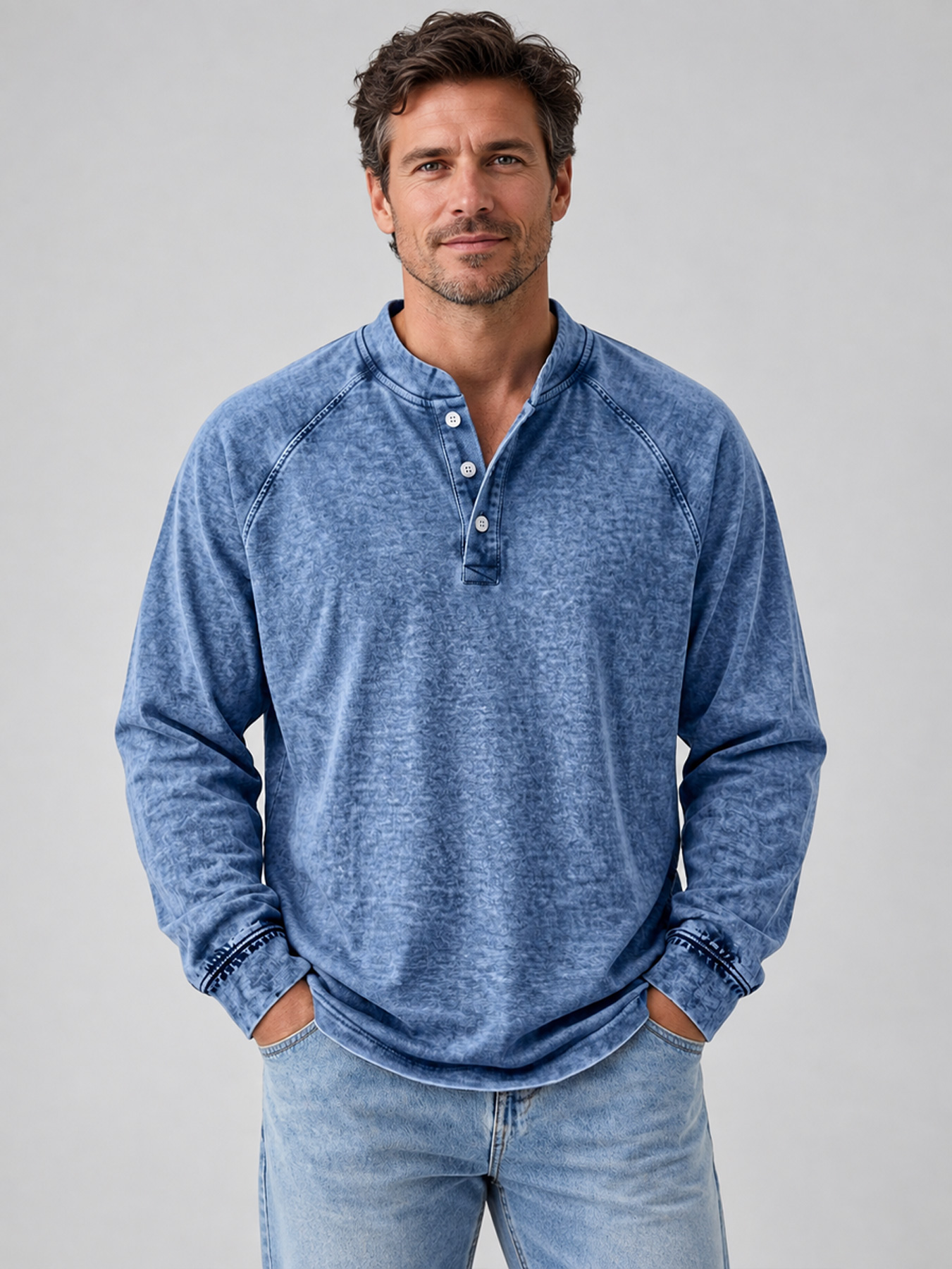 Men's Vintage Raglan Sleeve Stand Collar Long-Sleeve Henley Shirt Hero Overview