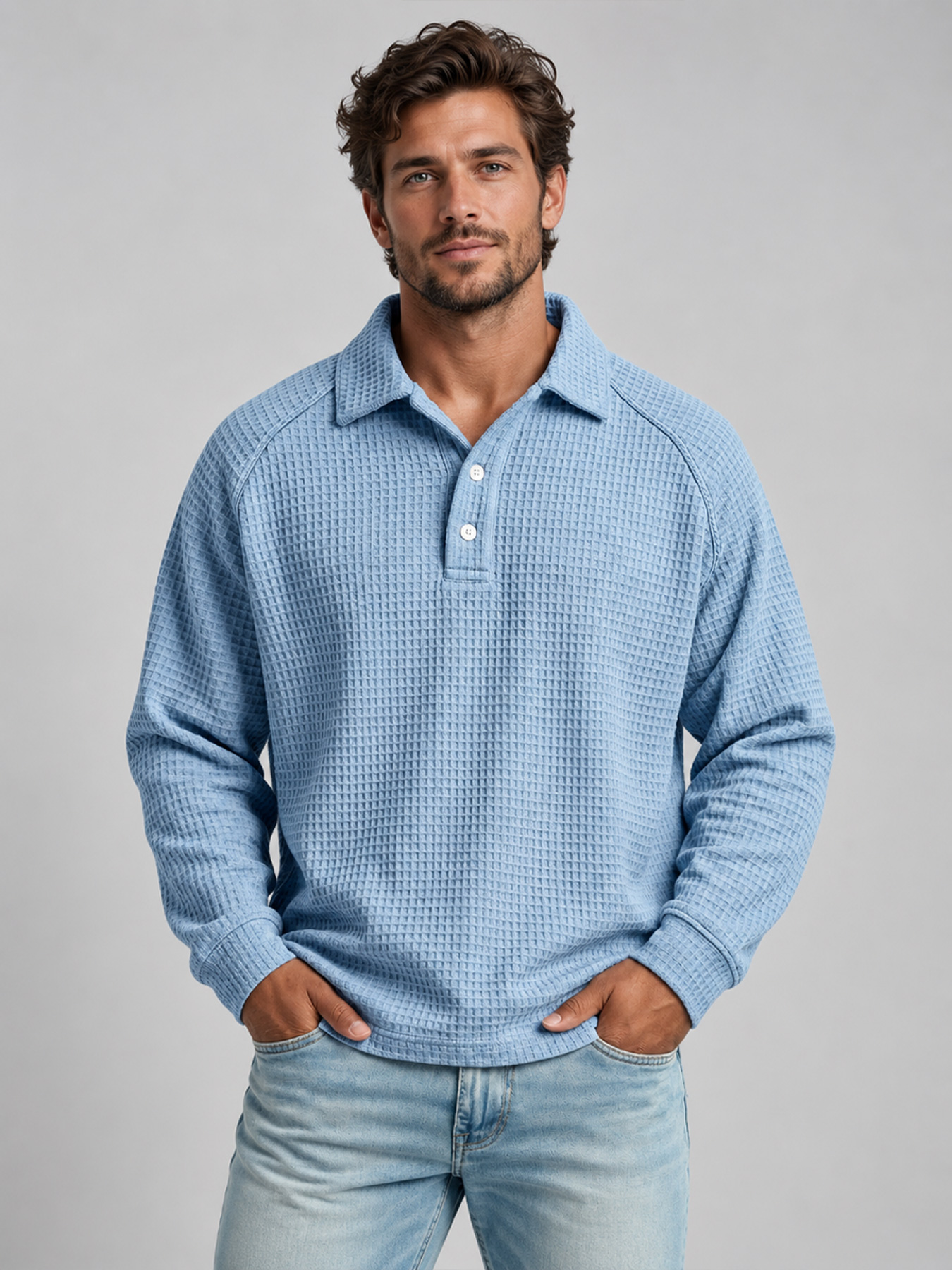 Herren Herbst Freizeit Waffle-Strick Langarm Polohemd in Blau