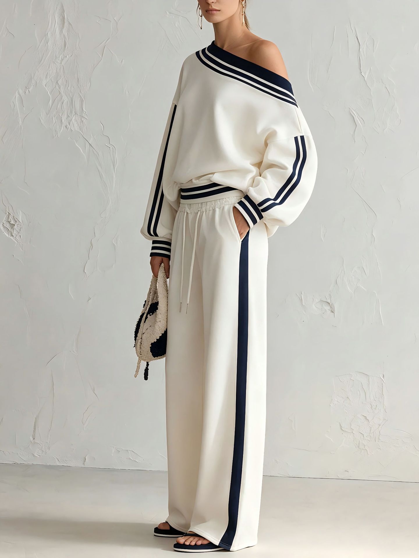 One-Shoulder Striped Top and Wide-Leg Pants Set Front Drape Detail