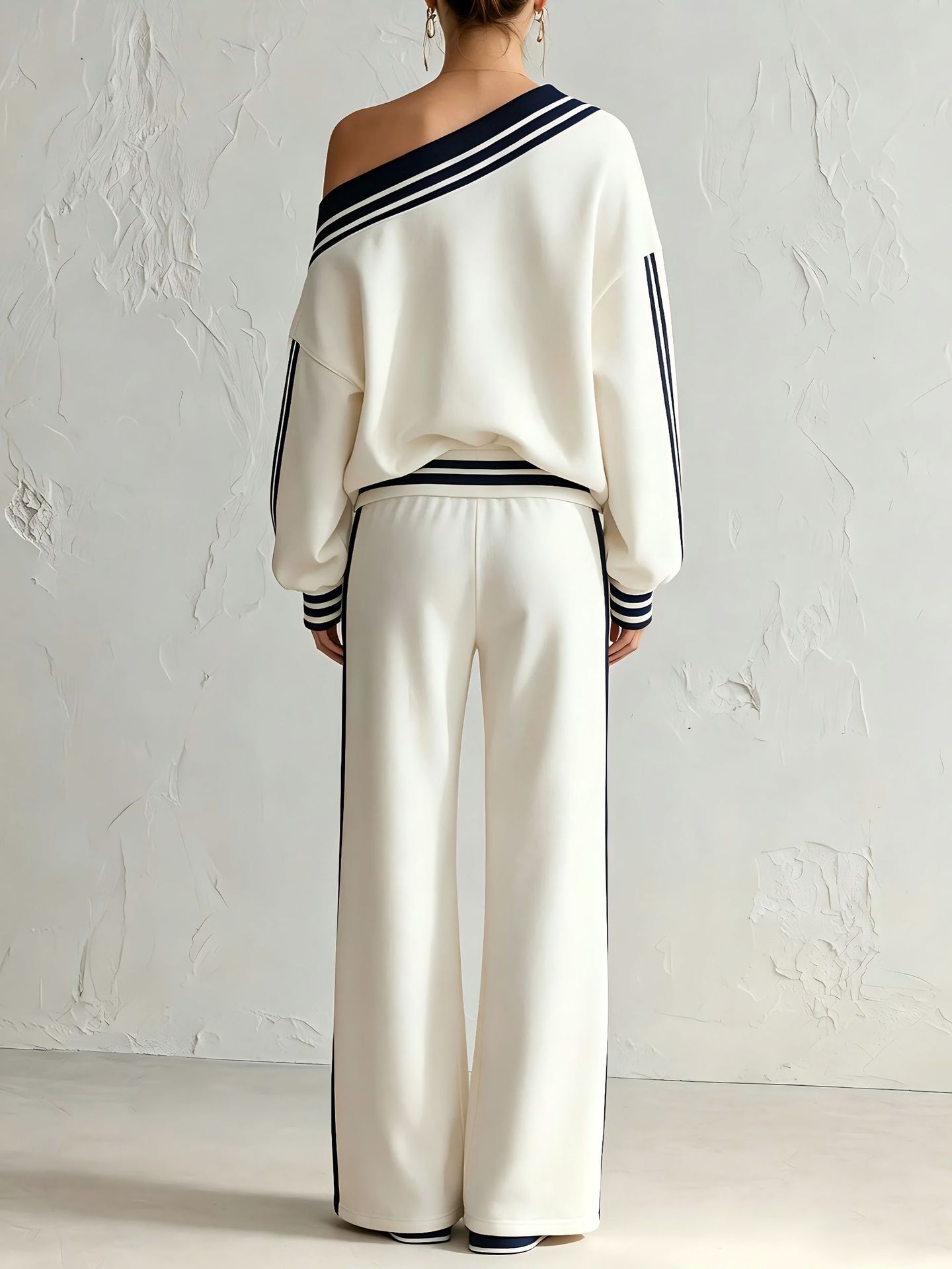 One-Shoulder Striped Top and Wide-Leg Pants Set Fluid Back View