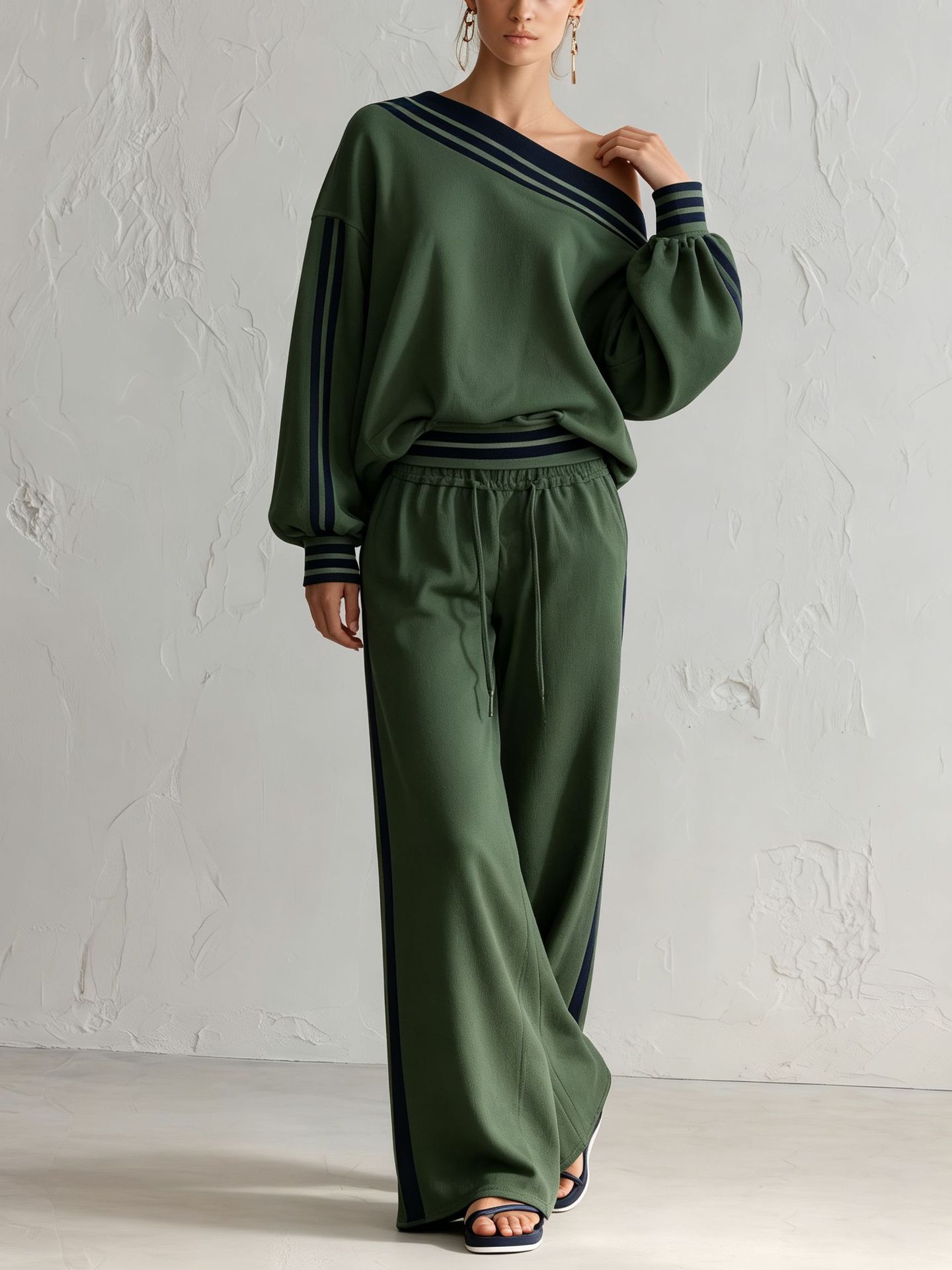 One-Shoulder Striped Top and Wide-Leg Pants Set in Green