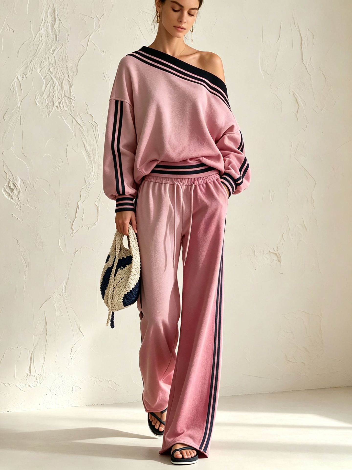 One-Shoulder Striped Top and Wide-Leg Pants Set in Pink