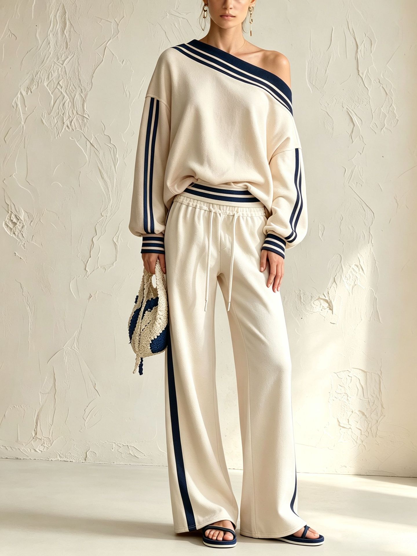 One-Shoulder Striped Top and Wide-Leg Pants Set in Beige