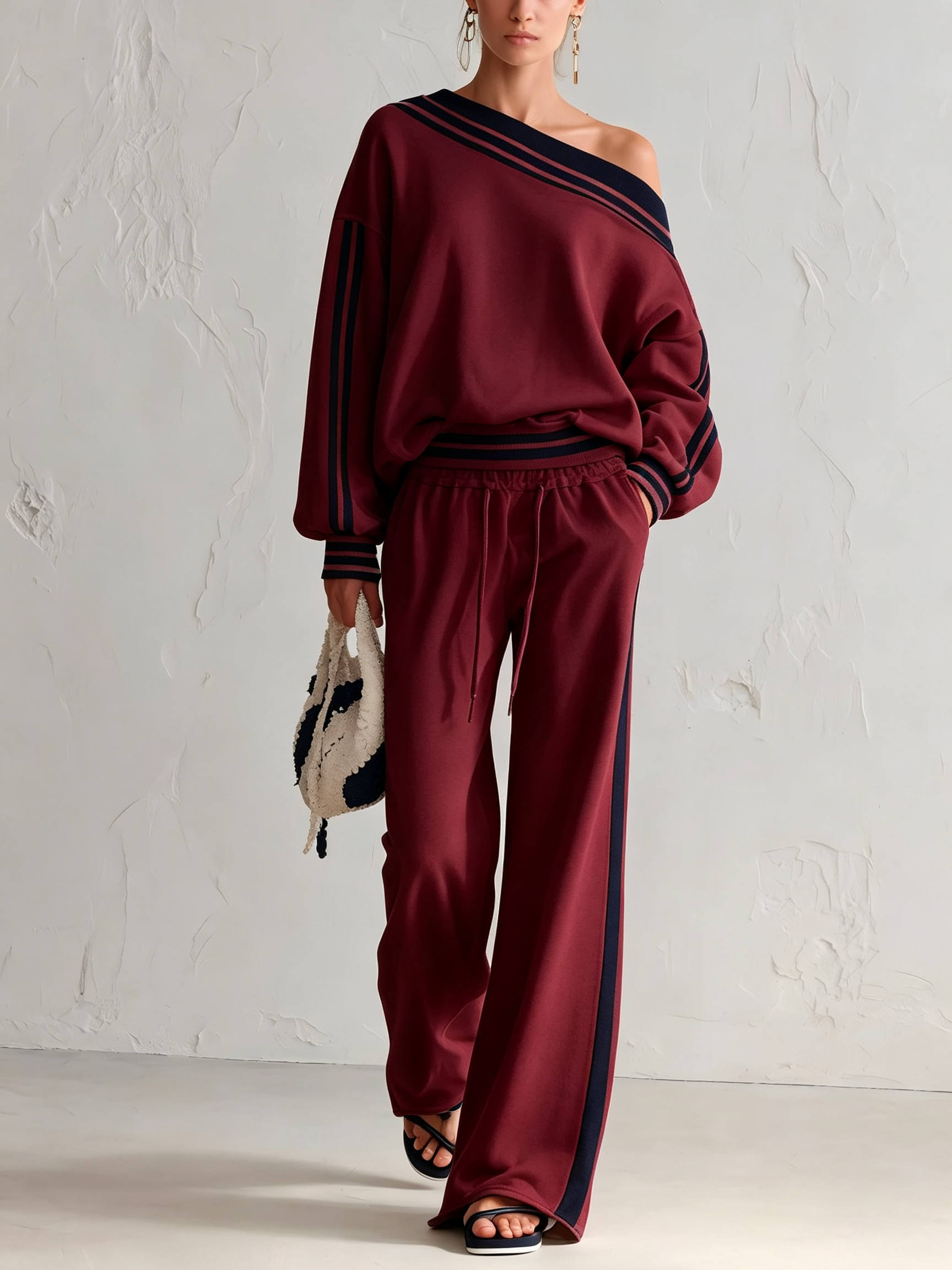One-Shoulder Striped Top and Wide-Leg Pants Set in Red