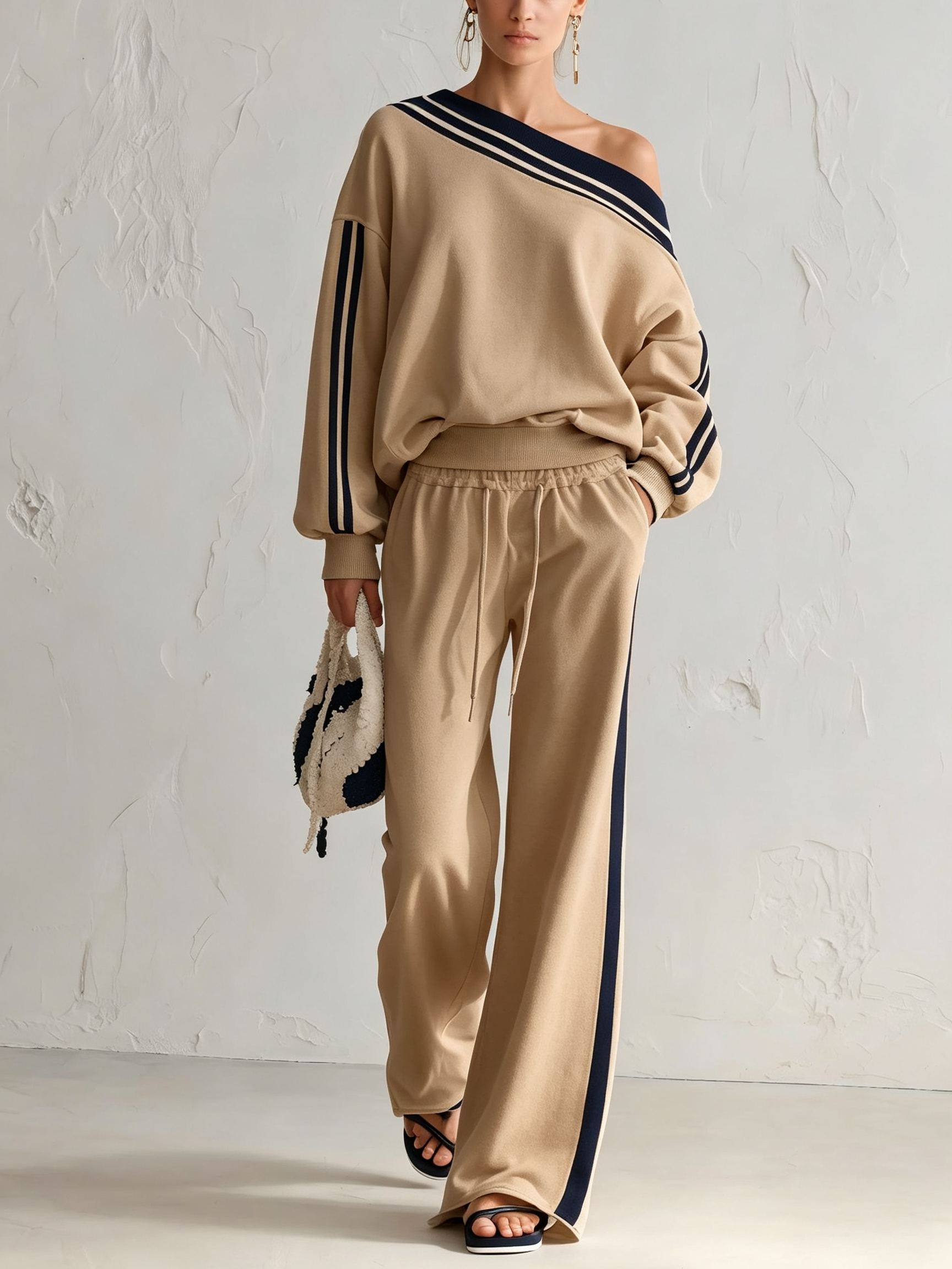 One-Shoulder Striped Top and Wide-Leg Pants Set in Khaki