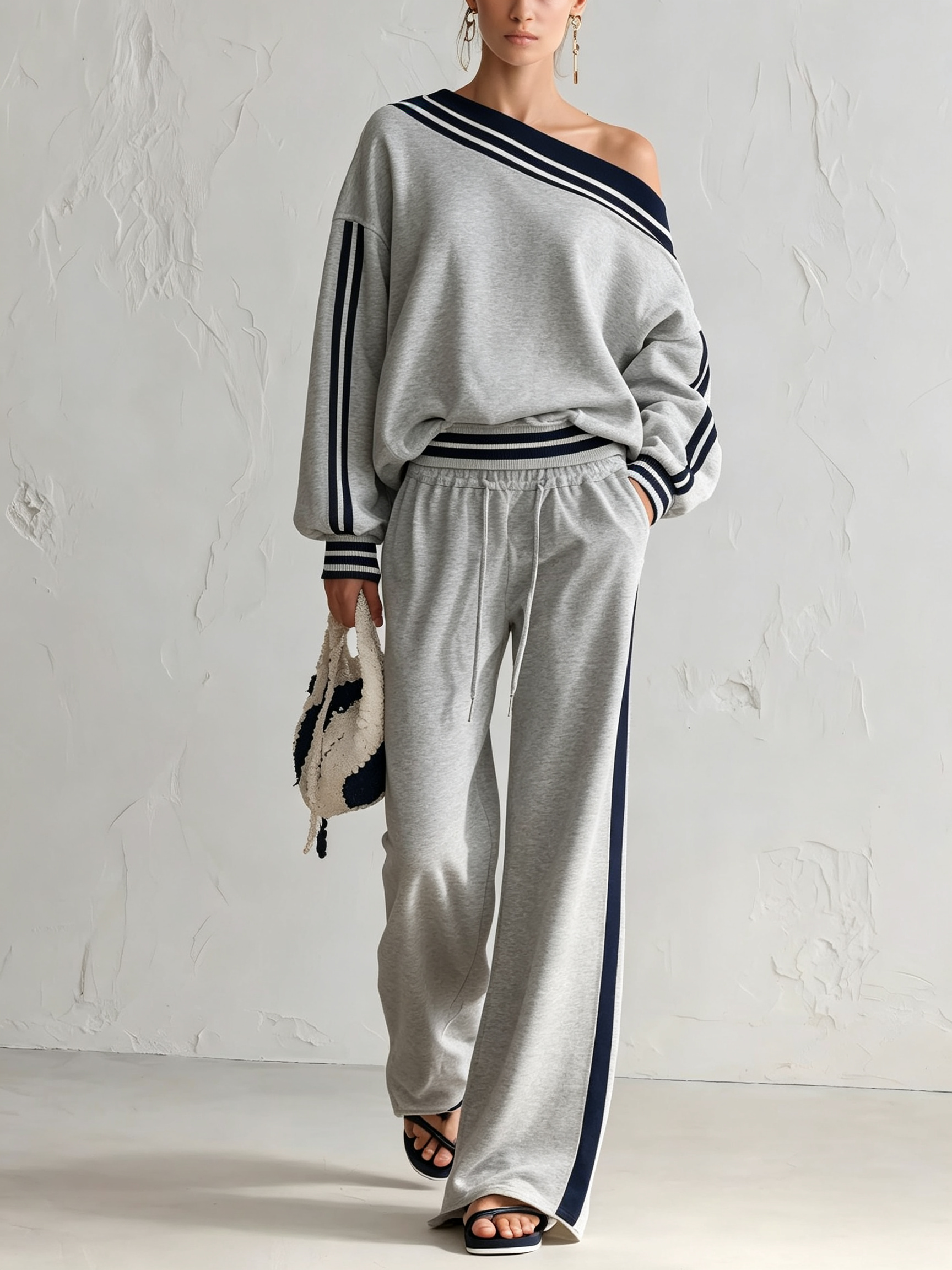 One-Shoulder Striped Top and Wide-Leg Pants Set in Gray
