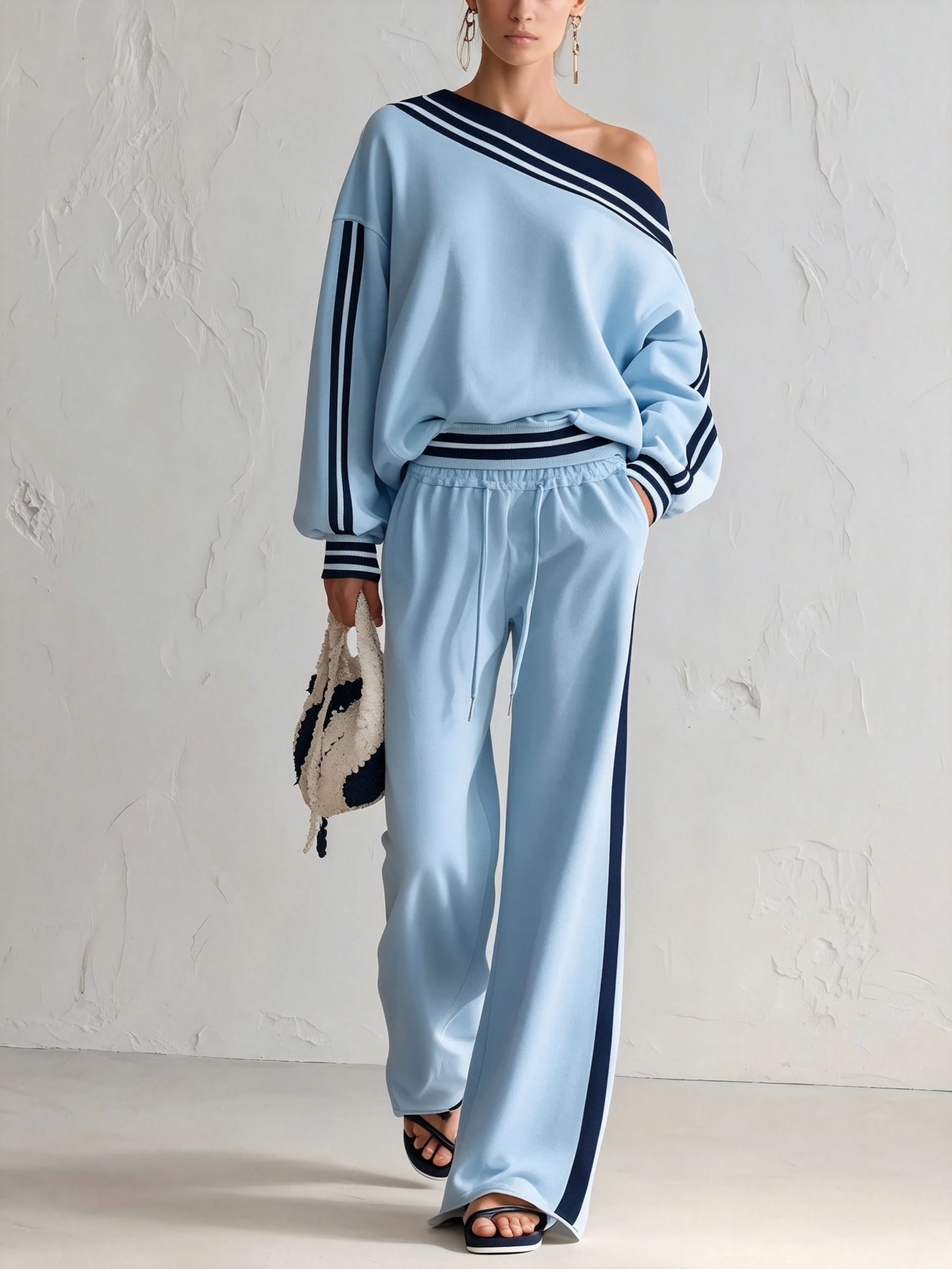 One-Shoulder Striped Top and Wide-Leg Pants Set in Light Blue
