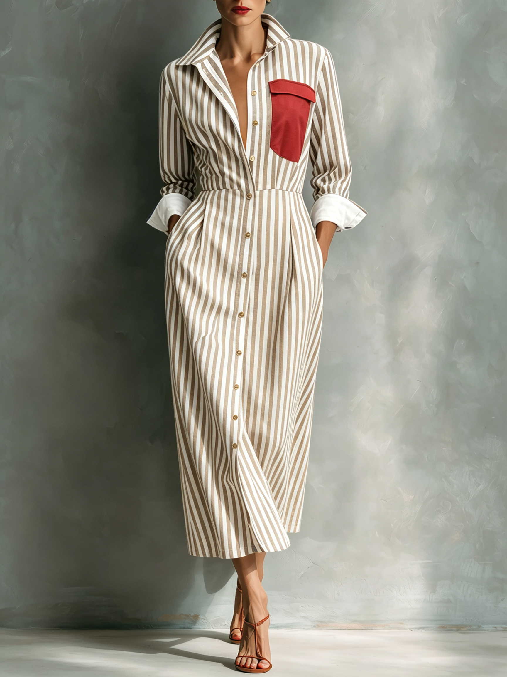 Women’s Striped Button-Down Midi Shirt Dress