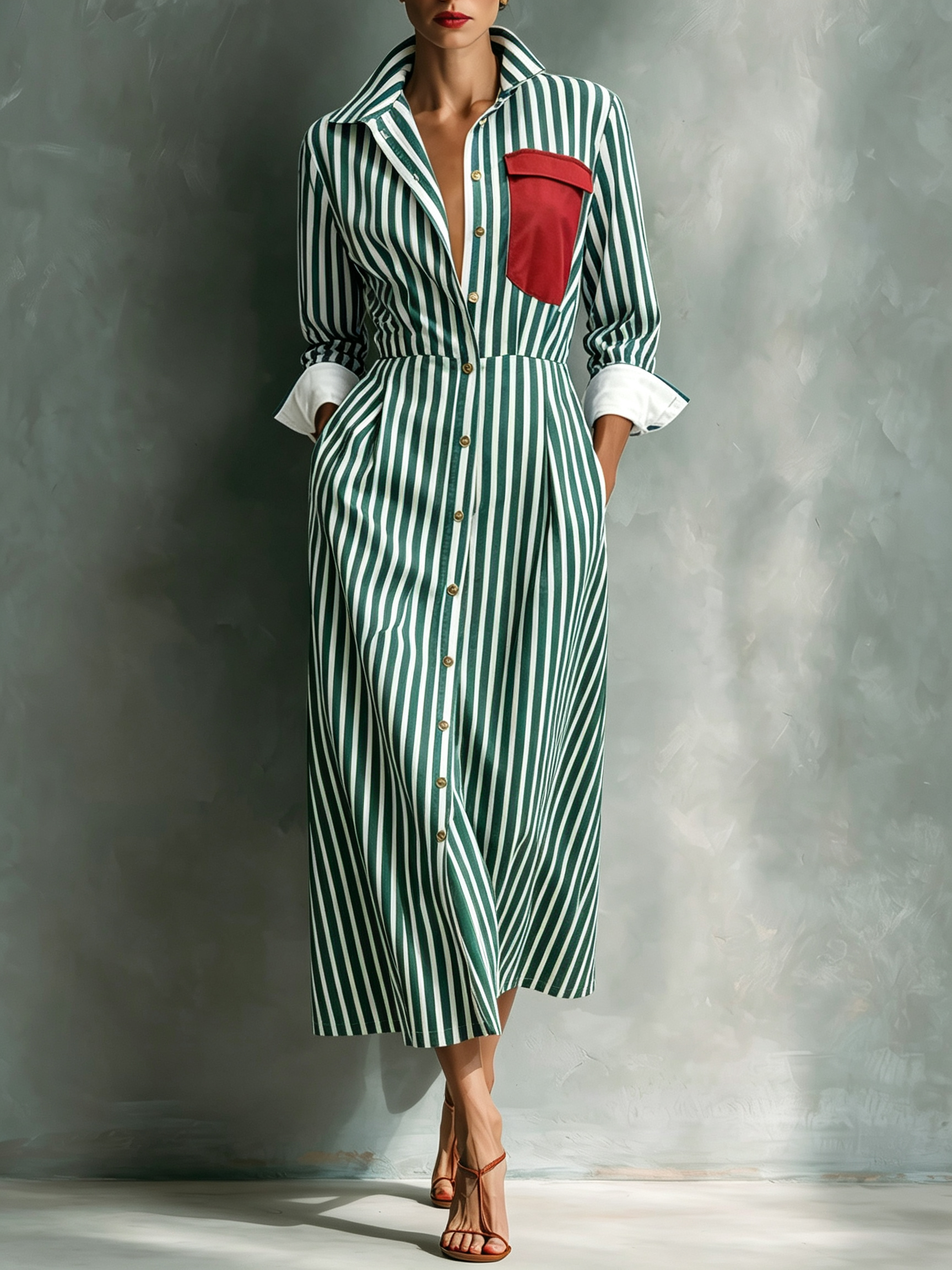 Women’s Striped Button-Down Midi Shirt Dress