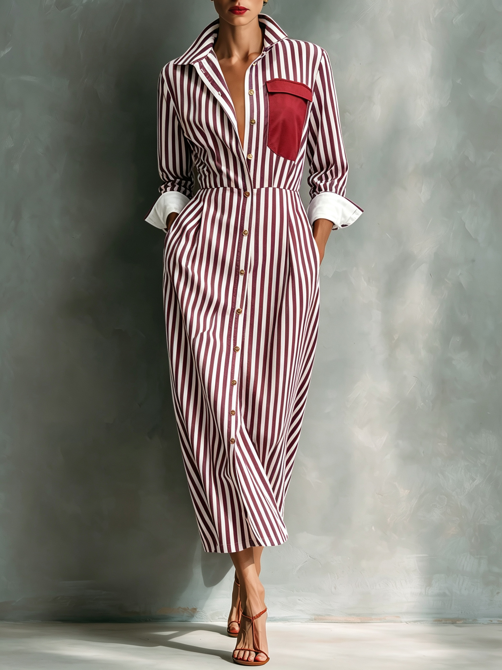Women’s Striped Button-Down Midi Shirt Dress