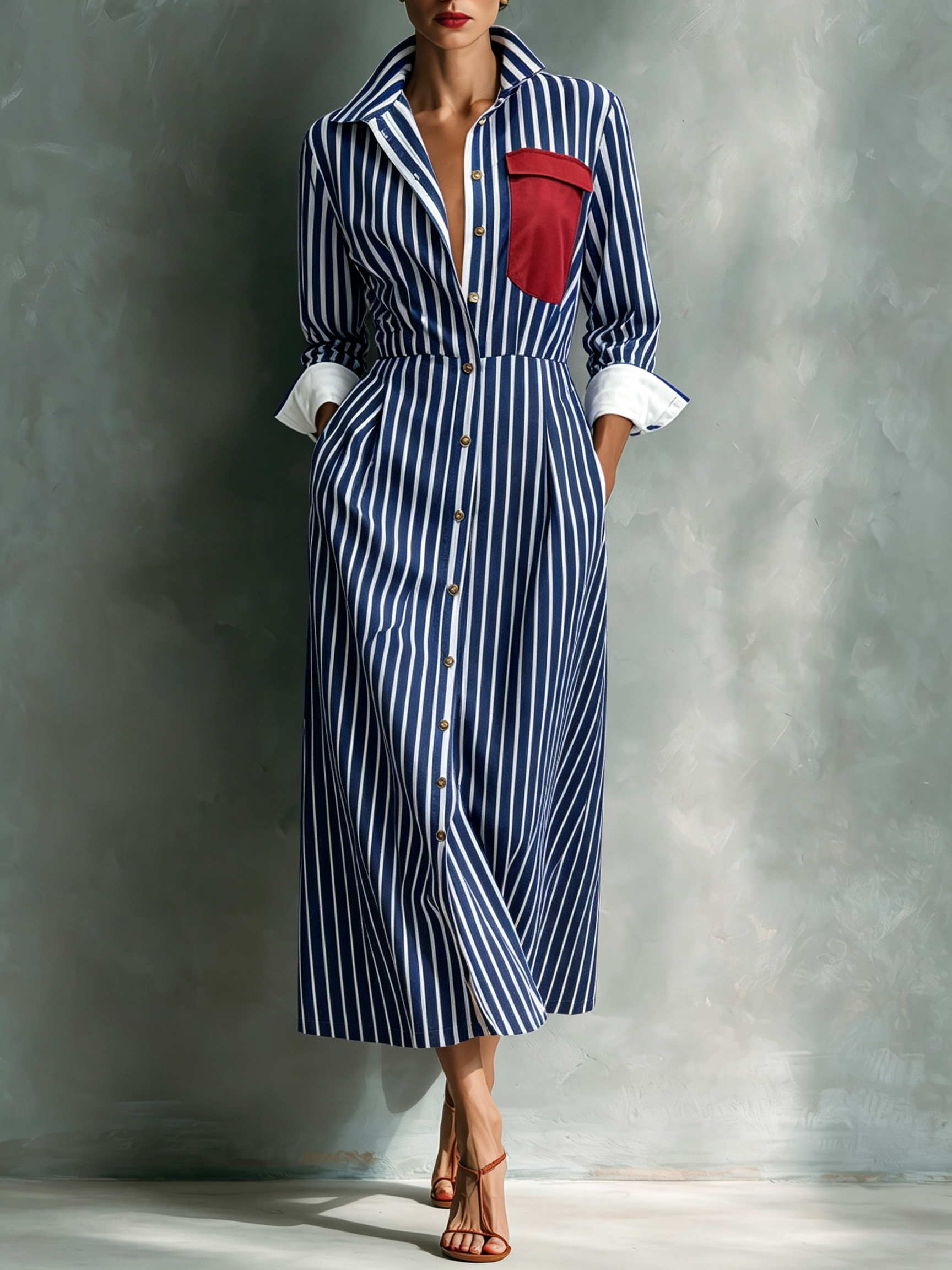Women’s Striped Button-Down Midi Shirt Dress