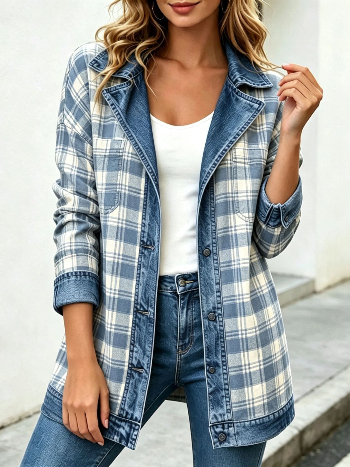 Plaid Denim Combo Jacket in Light Blue