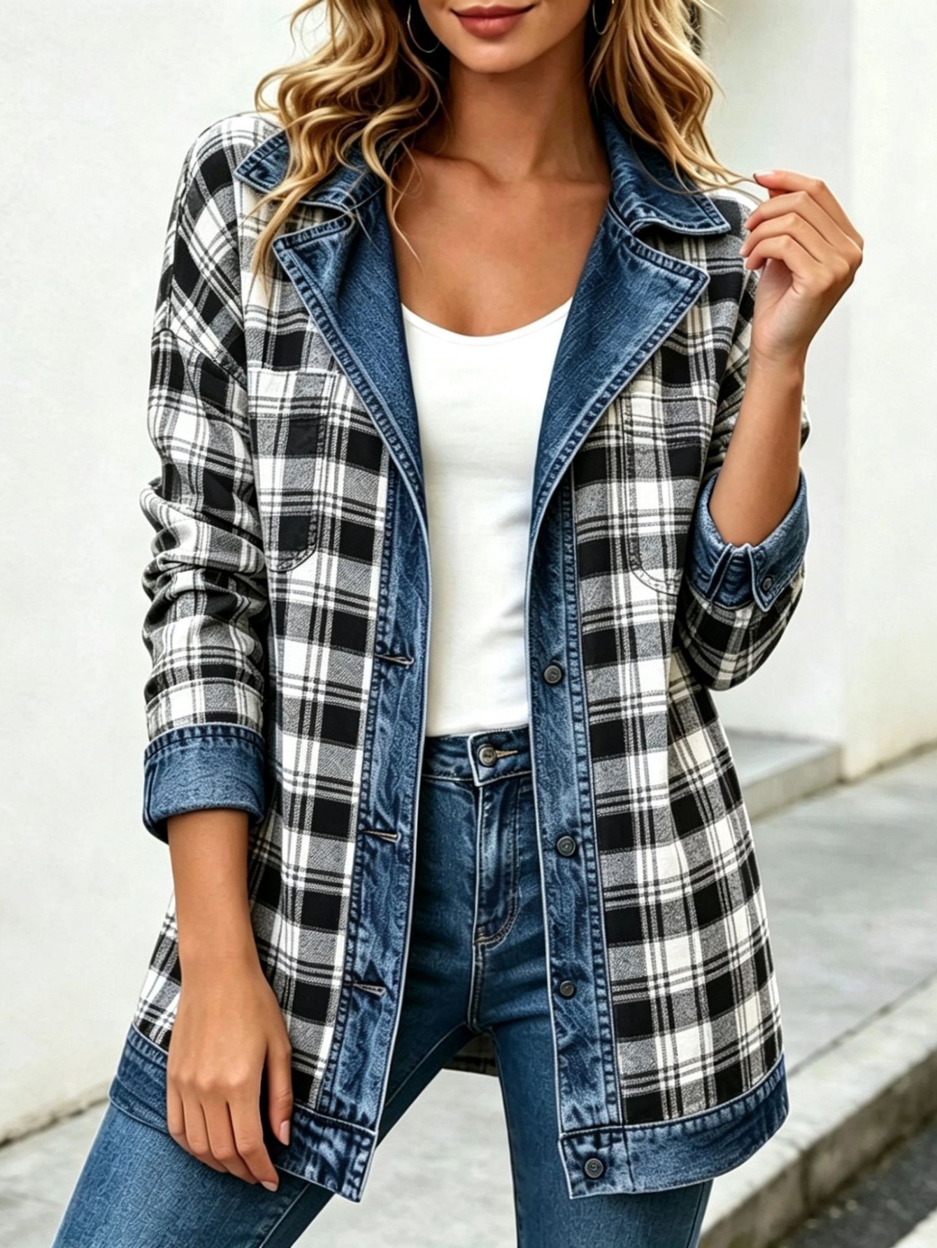 Plaid Denim Combo Jacket in Black