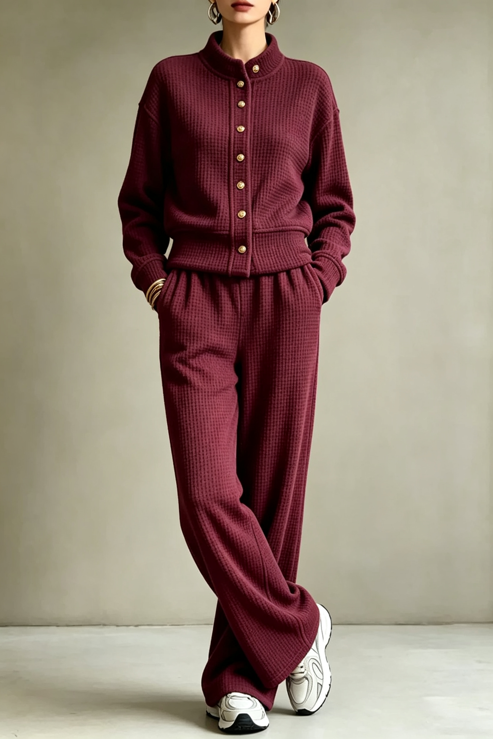 Waffle Knit Zweiteiler Set in Burgunderrot