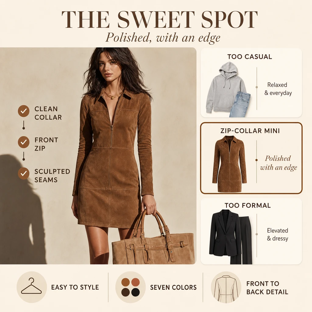 Casual-to-formal comparison graphic for the zip-collar mini