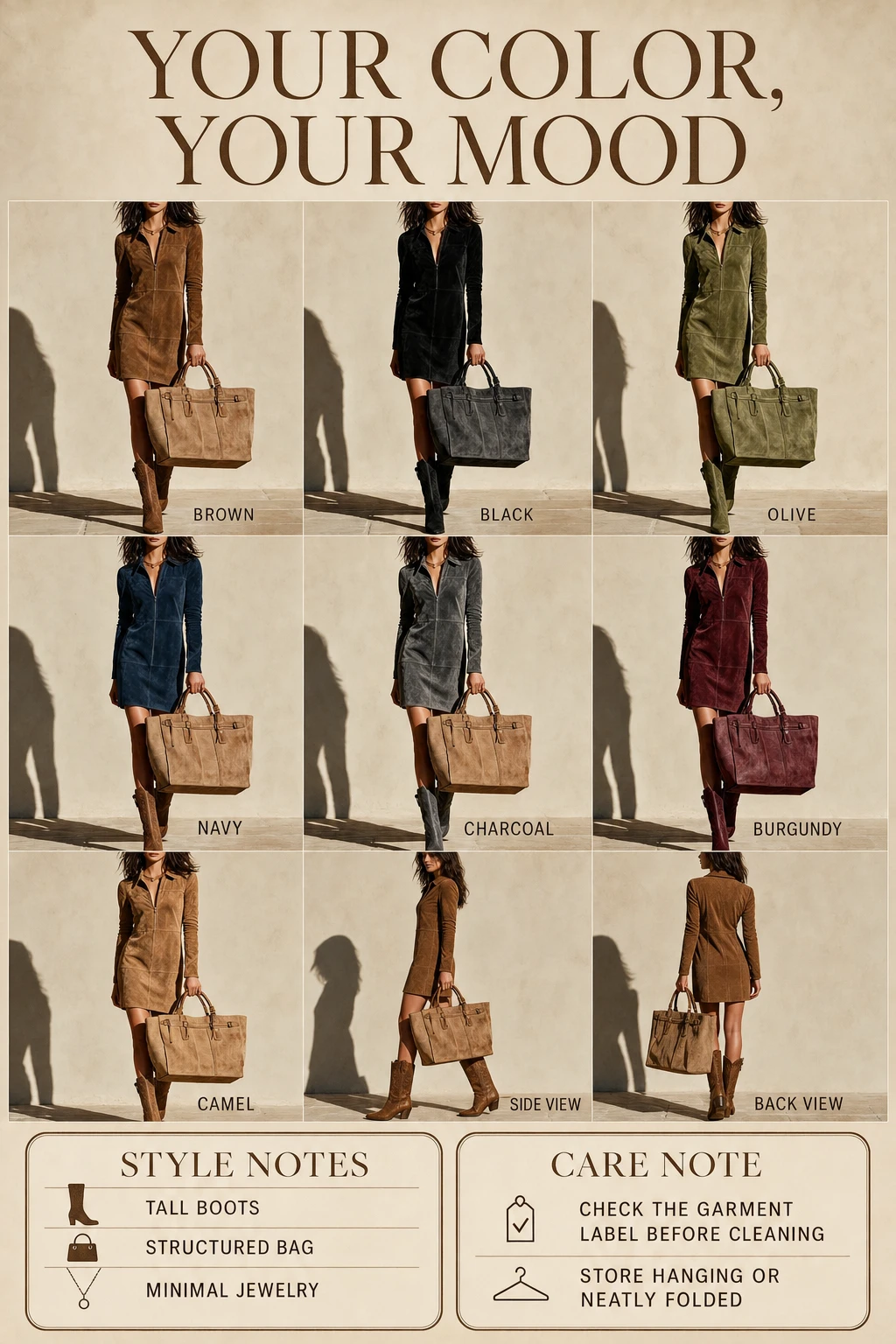 Vertical color guide with seven shades plus side and back views, styling notes and conservative care guidance