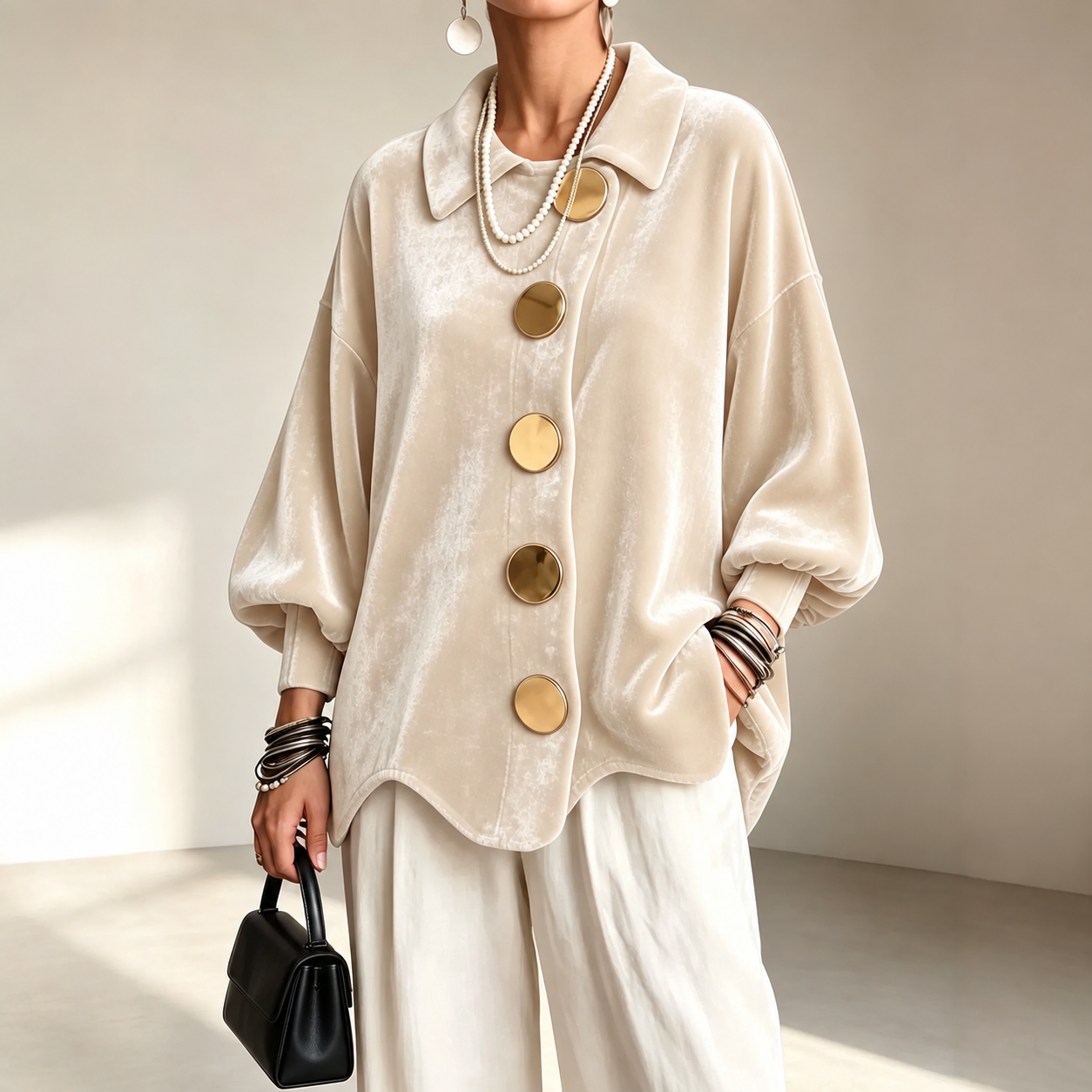 Women's velvet lapel-collar shirt jacket in Apricot, consistent front pose