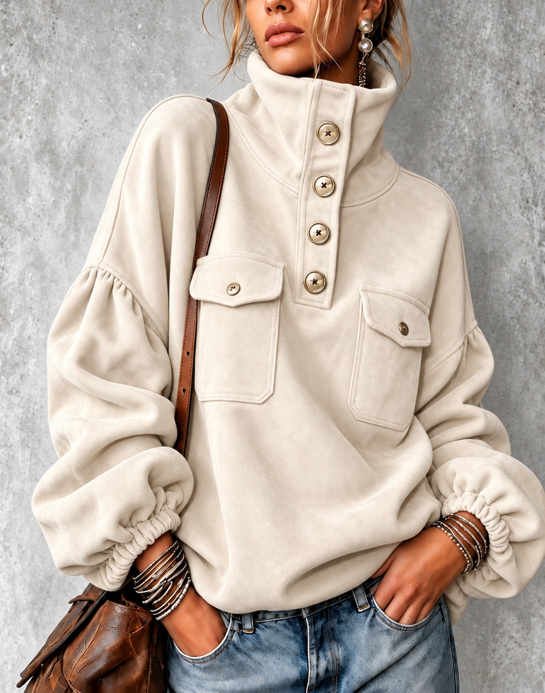 Women's Faux Suede Half Button High Neck Sweatshirt Lantern Sleeve Pul - Cream