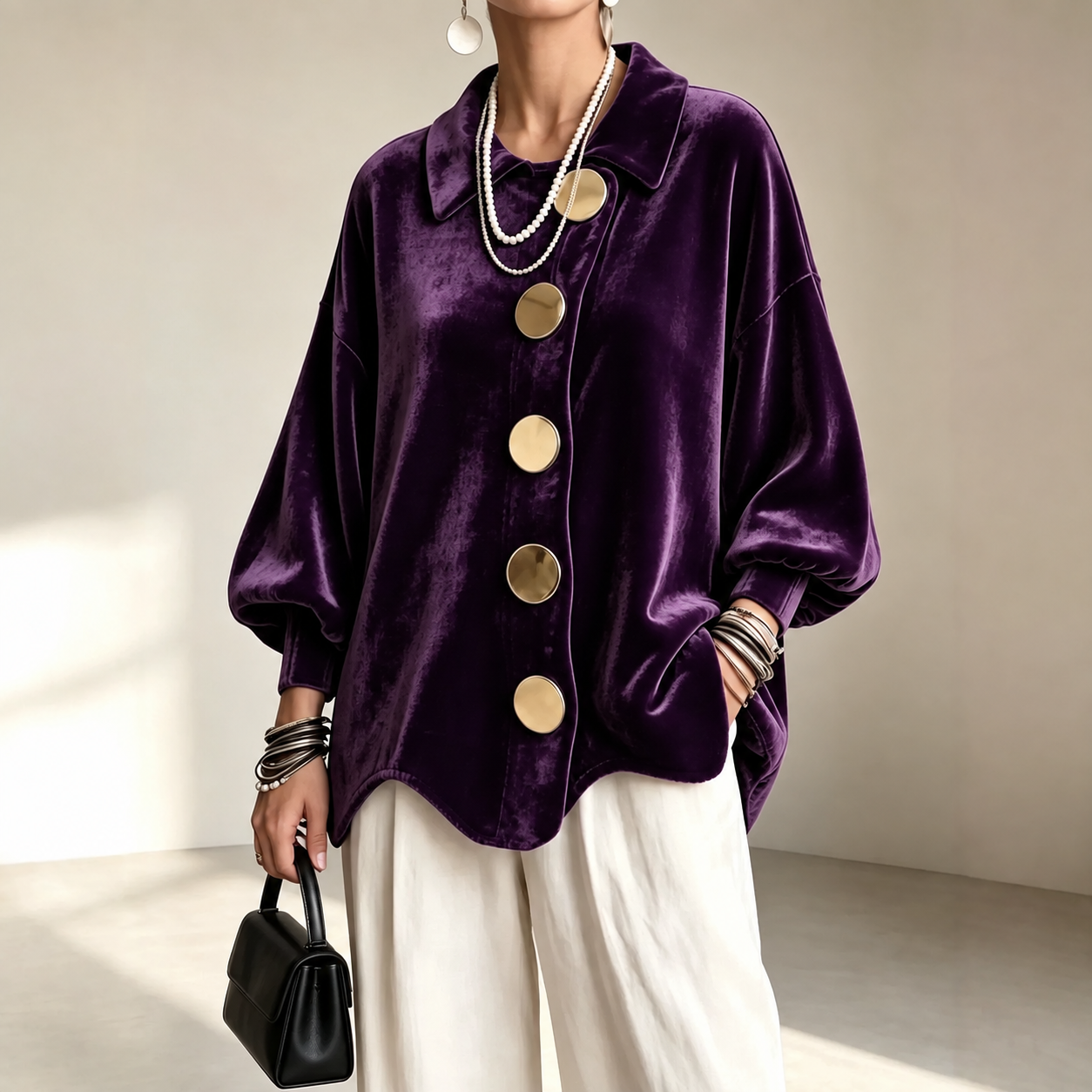 Women's velvet lapel-collar shirt jacket in Purple, consistent front pose