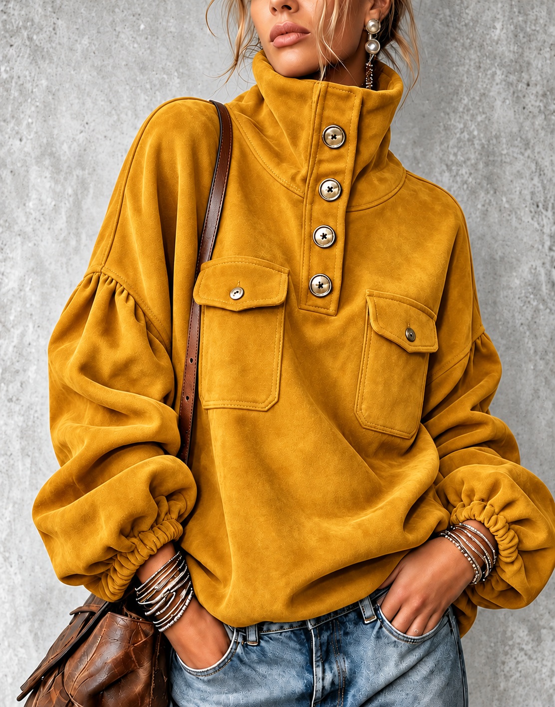 Women's Faux Suede Half Button High Neck Sweatshirt Lantern Sleeve Pul - Mustard