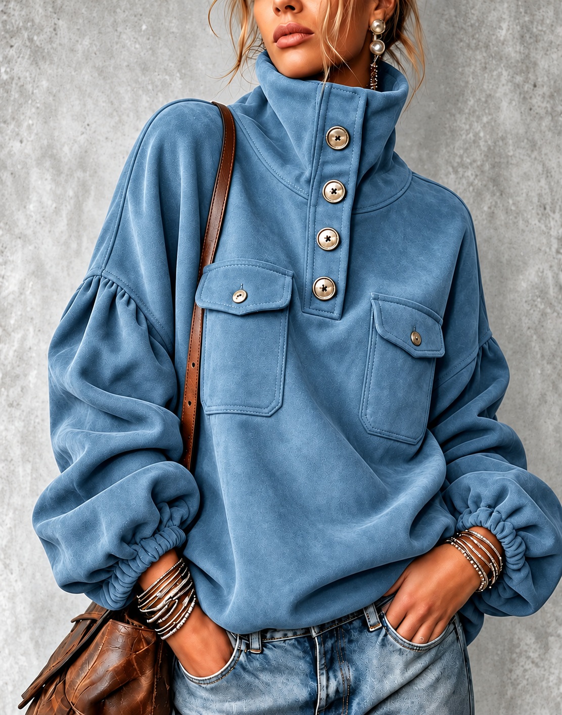 Women's Faux Suede Half Button High Neck Sweatshirt Lantern Sleeve Pul - Blue