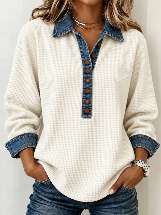 Women’s Waffle Knit Top with Denim Collar & Button Front