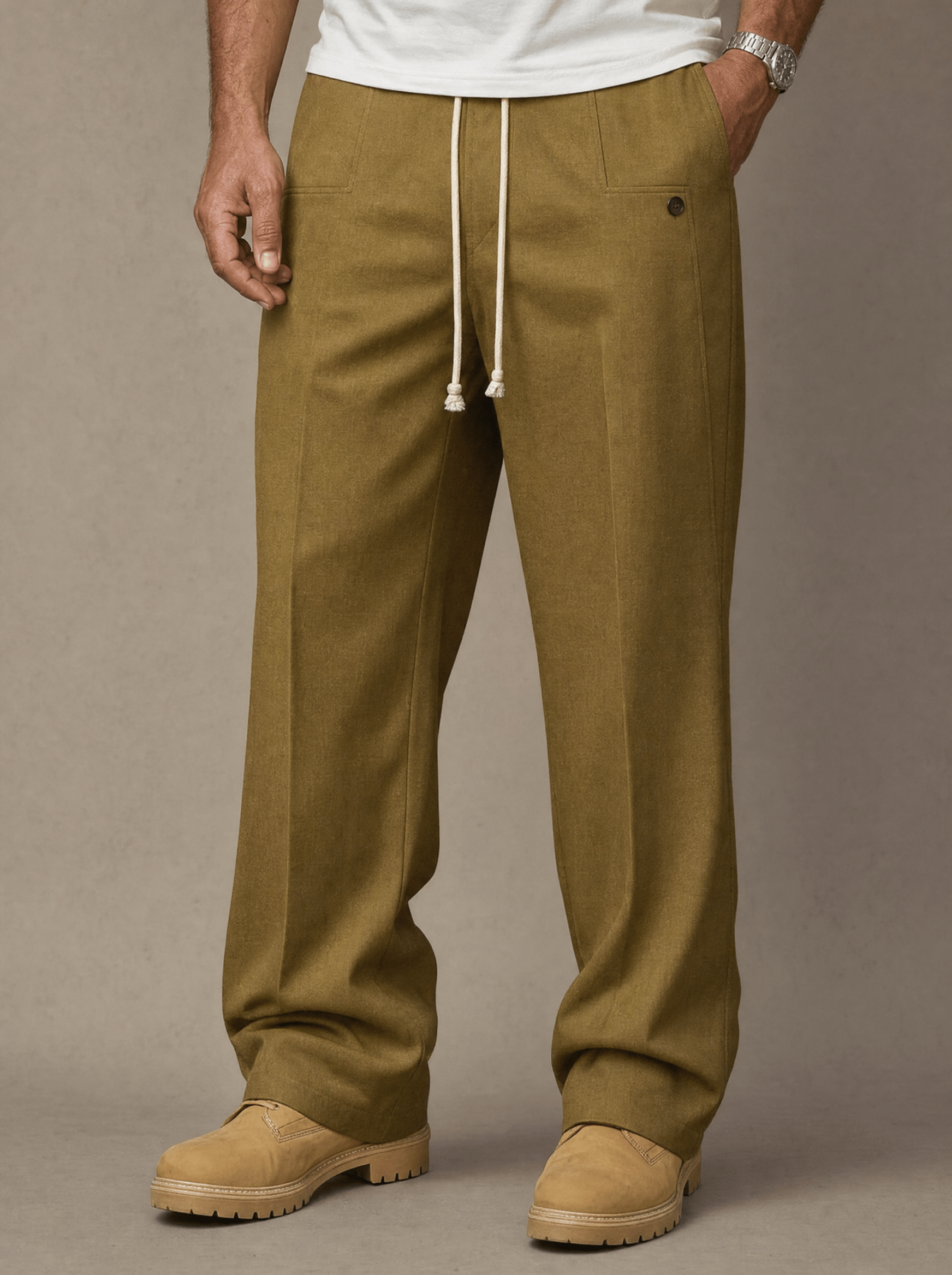 Lovicca Ryan Relaxed Fit Drawstring Trousers in Khaki