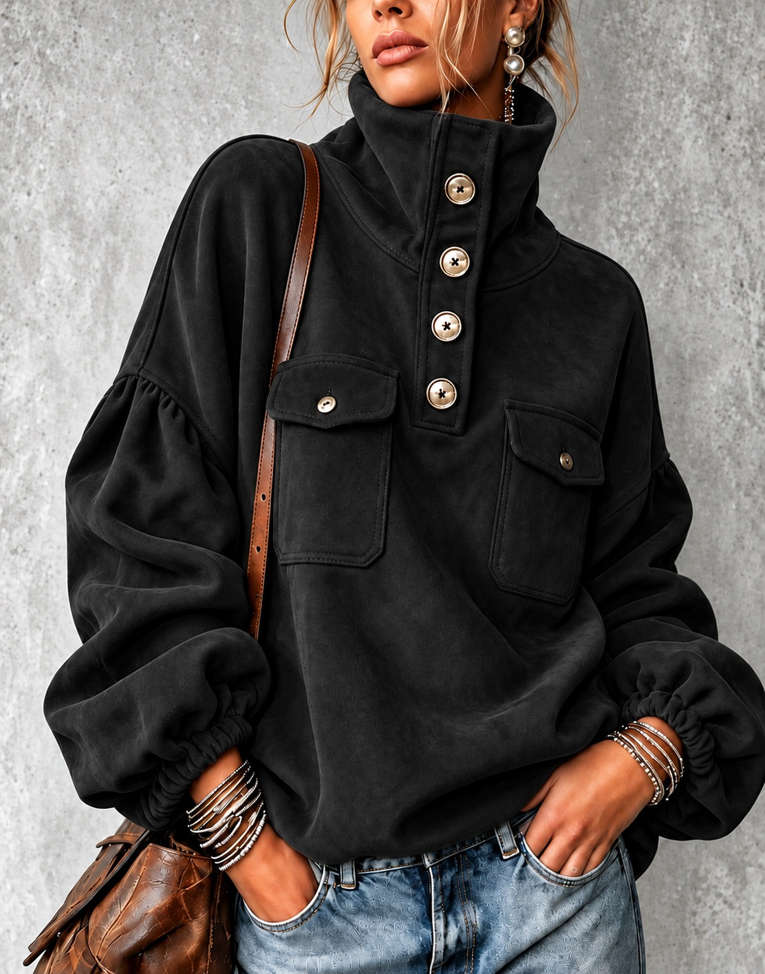 Women's Faux Suede Half Button High Neck Sweatshirt Lantern Sleeve Pul - Black