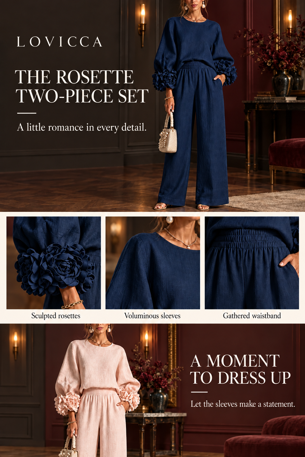 Chic 3D Rosette Sleeve Two-Piece Set - Midnight Salon Edition Master Visual