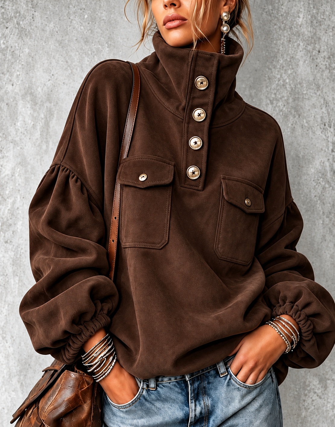 Women's Faux Suede Half Button High Neck Sweatshirt Lantern Sleeve Pul - Chocolate