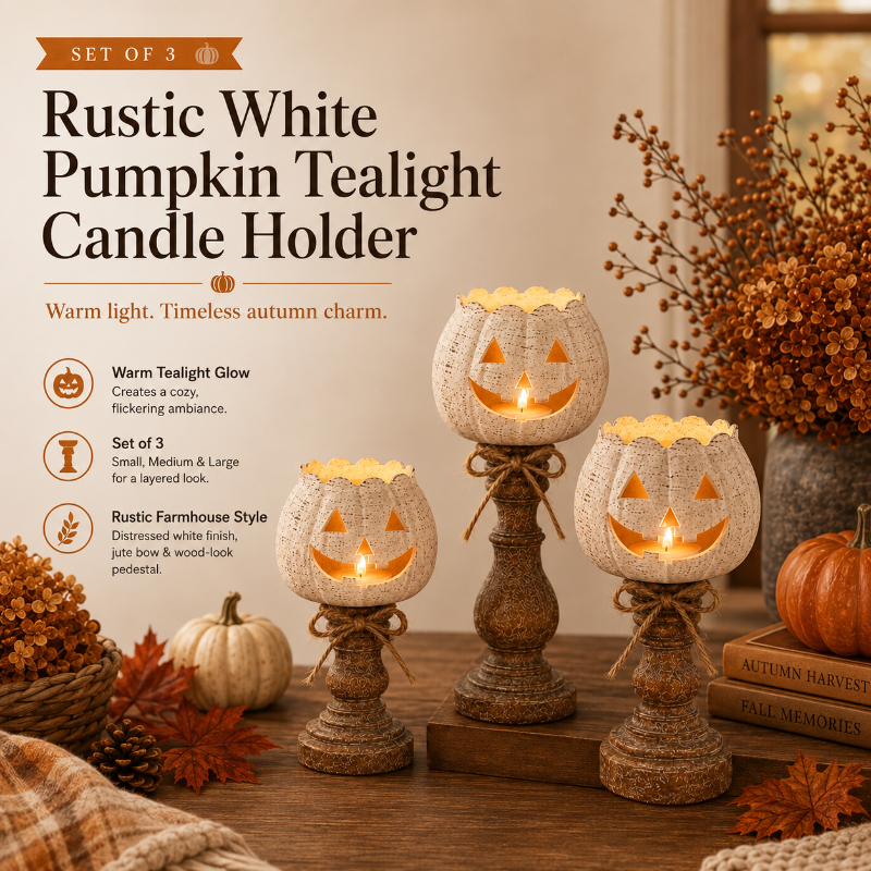 🕯️Set of 3 Rustic White Pumpkin Tealight Holders 🎃 Farmhouse Fall Decor for Halloween & Thanksgiving
