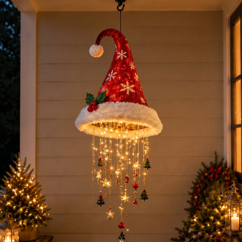 🎅 Lighted Santa Hat Hanging Chandelier 🎄 | 5 Styles Warm White LED String Lights | Indoor Outdoor Porch Yard Holiday Hanging Decor Christmas Gift