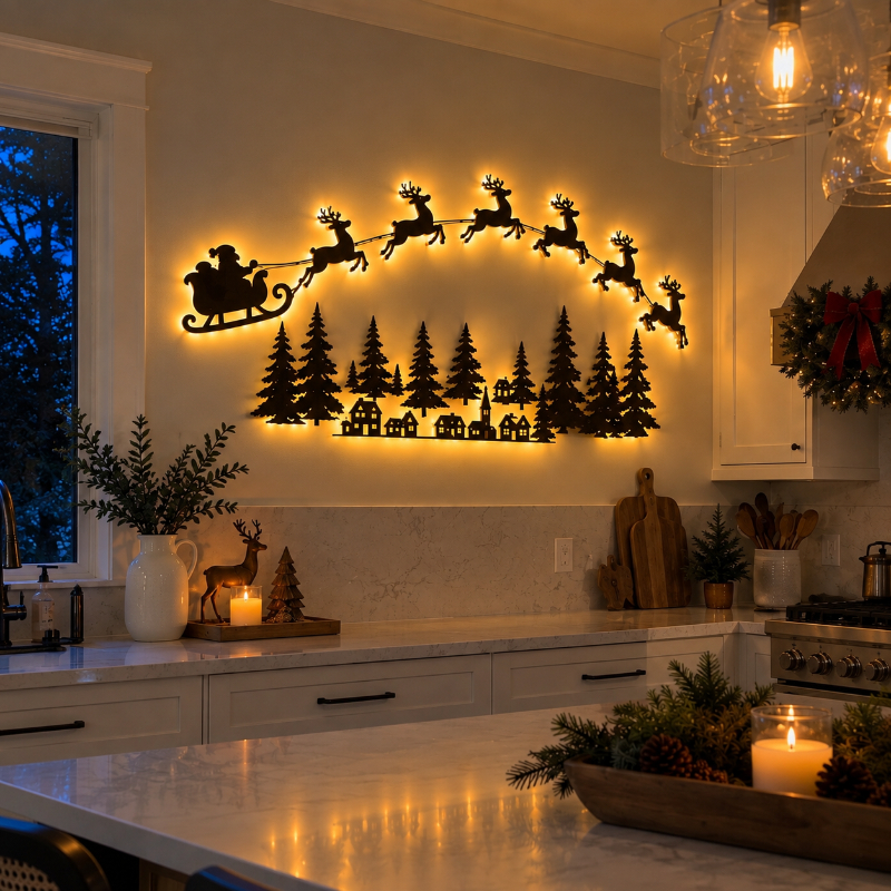 Christmas Santa Sleigh & Reindeer Press‑On LED Wall Decor | Festive Holiday Wall Art