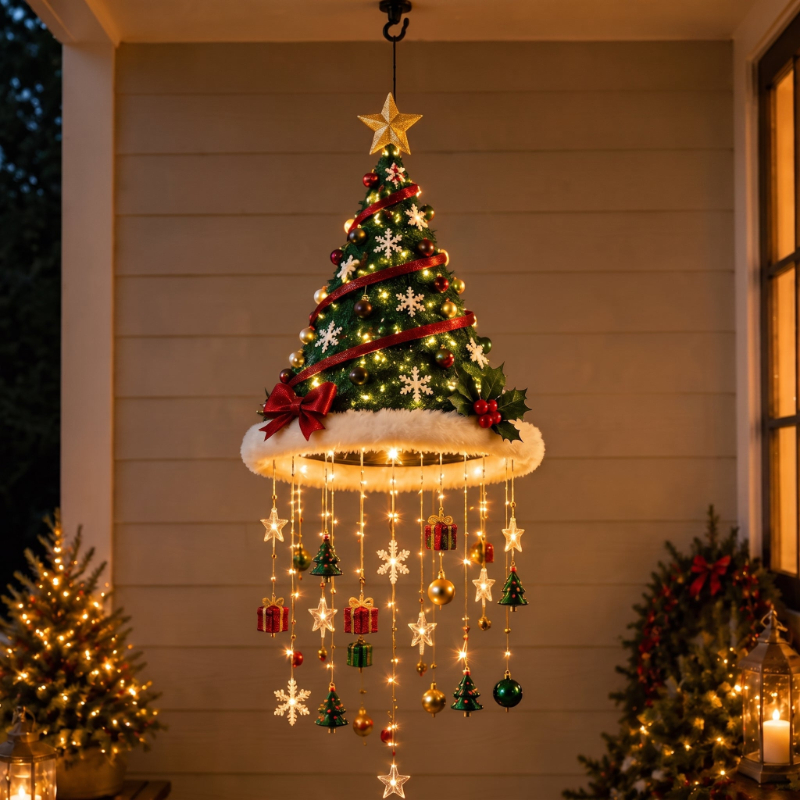 🎅 Lighted Santa Hat Hanging Chandelier 🎄 | 5 Styles Warm White LED String Lights | Indoor Outdoor Porch Yard Holiday Hanging Decor Christmas Gift