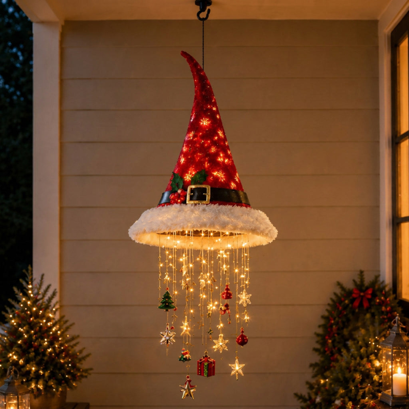 🎅 Lighted Santa Hat Hanging Chandelier 🎄 | 5 Styles Warm White LED String Lights | Indoor Outdoor Porch Yard Holiday Hanging Decor Christmas Gift