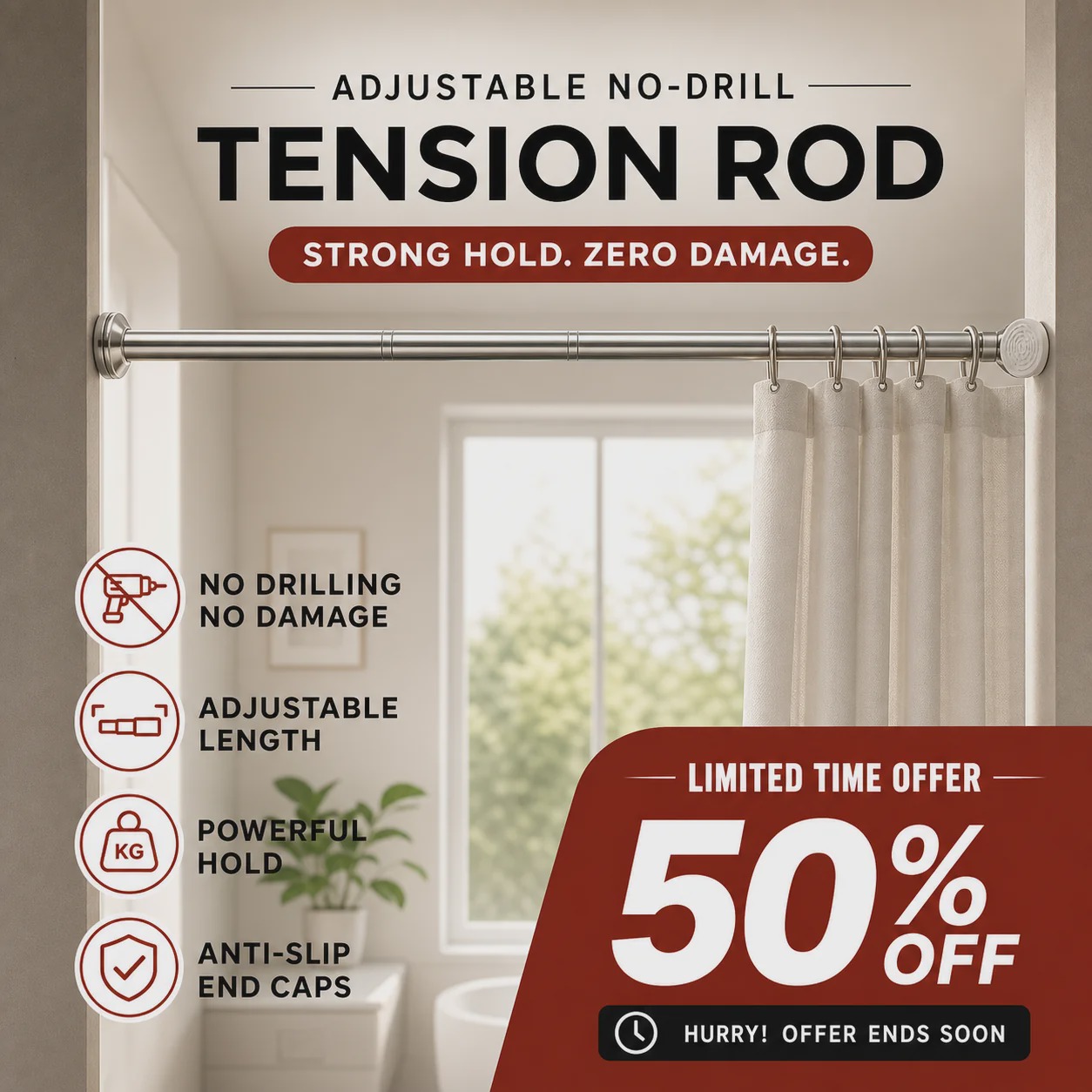 🛏️ 🔧 Adjustable No-Drill Tension Rod – Damage-Free Install, Anti-Slip & Multi-Purpose, Max 15KG Load 🏠